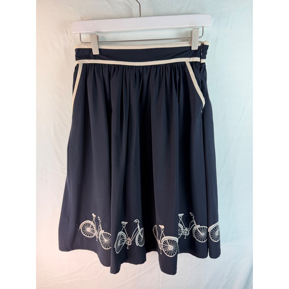Comme Toi Navy Blue Bicycle Embroidered‎ A-Line Skirt Women Small
